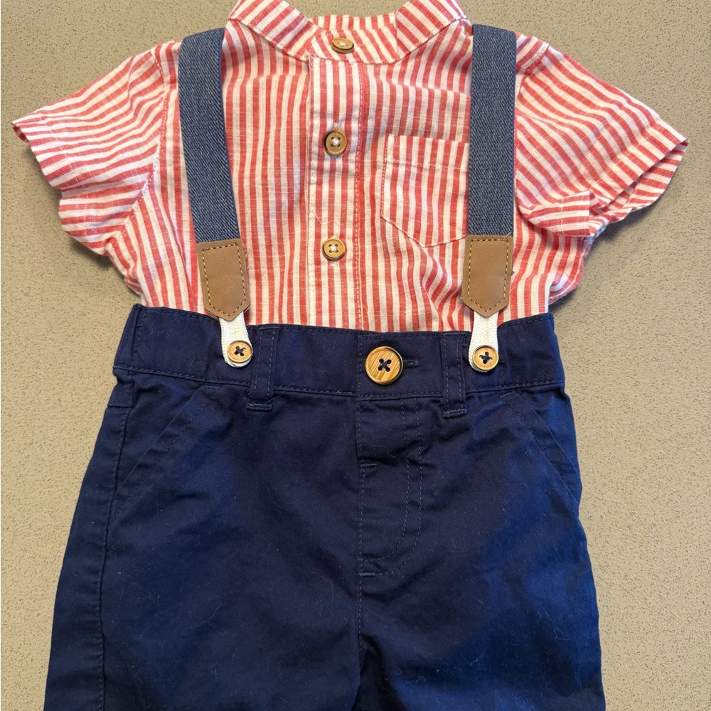 Red Striped Shirt with Blue Suspenders Outfit